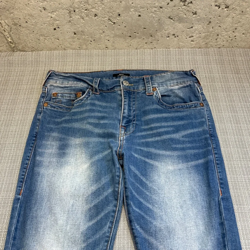 True Religion Rocco‎ Relaxed Skinny Jeans 33 x31 Blue Faded Whiskered Stretch